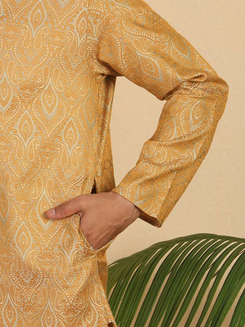 Ethinic motifs jacquard  beige festive kurta with pyjamas