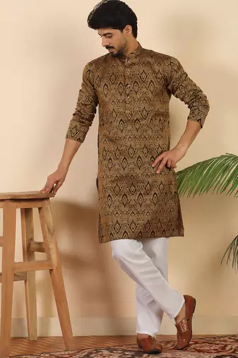Ethinic motifs jacquard rust festive kurta with pyjamas