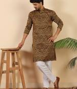 Ethinic motifs jacquard rust festive kurta with pyjamas