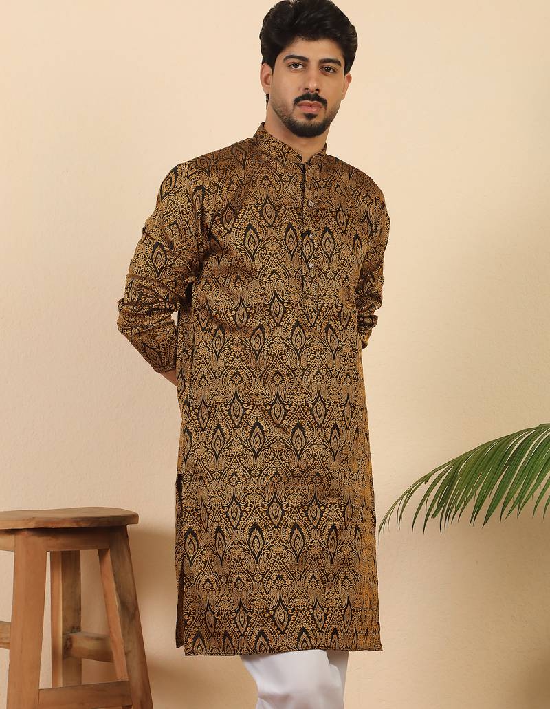 Ethinic motifs jacquard rust festive kurta with pyjamas