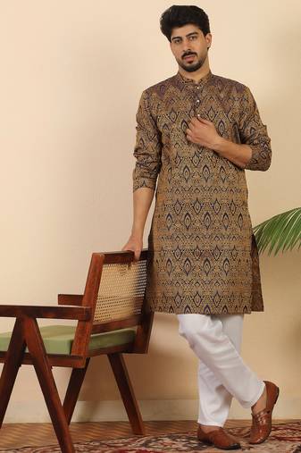 Ethinic motifs jacquard blue festive kurta with pyjamas