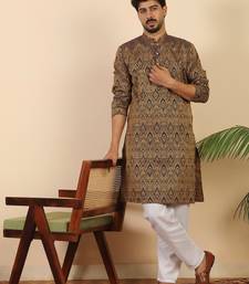 Ethinic motifs jacquard blue festive kurta with pyjamas