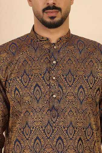 Ethinic motifs jacquard blue festive kurta with pyjamas