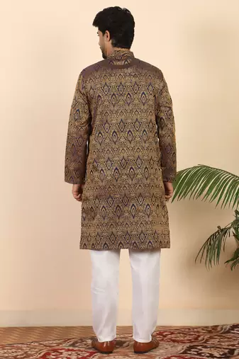 Ethinic motifs jacquard blue festive kurta with pyjamas