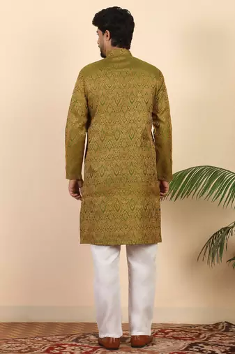 Ethinic motifs jacquard green festive kurta with pyjamas