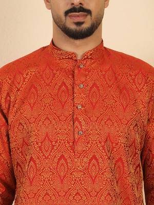 Ethinic motifs jacquard maroon festive kurta with pyjamas 2