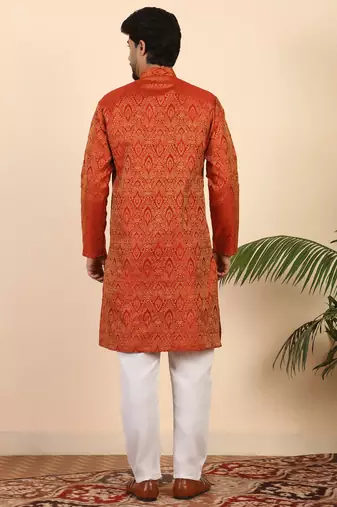 Ethinic motifs jacquard maroon festive kurta with pyjamas