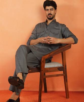 Viscos rayon grey pathani kurta and pyjamas 1