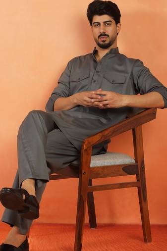 Viscos rayon grey pathani kurta and pyjamas