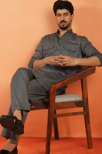 Viscos rayon grey pathani kurta and pyjamas
