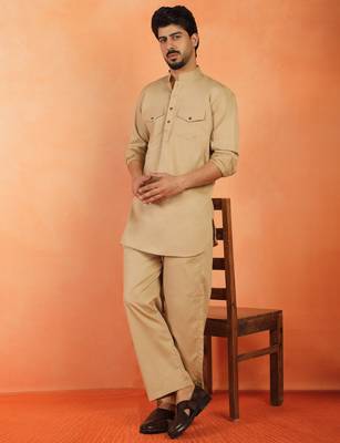 Viscos rayon beige pathani kurta and pyjamas 1