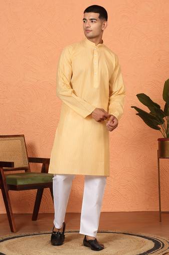 Cotton stripe knee length beige kurta and pyjama