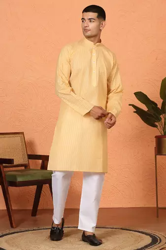 Cotton stripe knee length beige kurta and pyjama