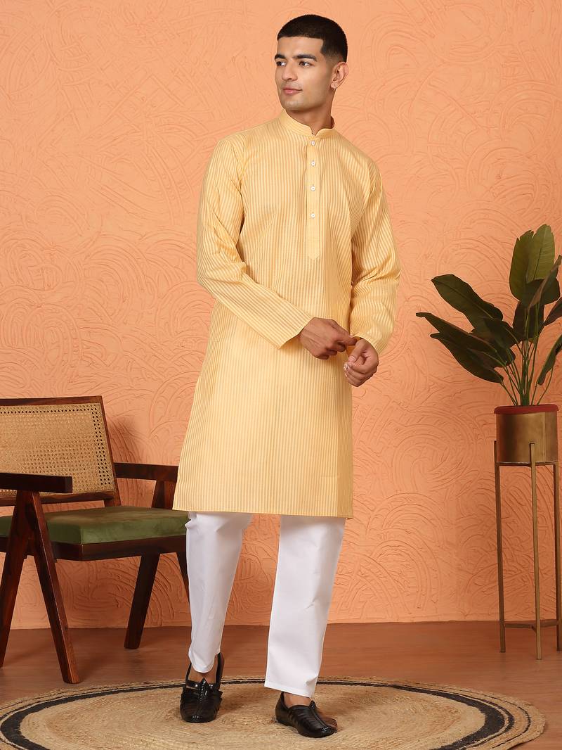 Cotton stripe knee length beige kurta and pyjama