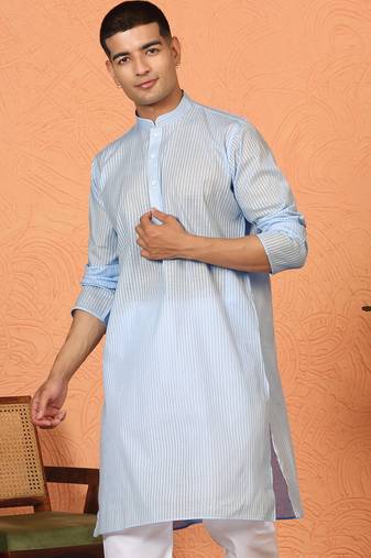 Cotton stripe knee length blue kurta and pyjama