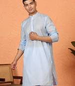 Cotton stripe knee length blue kurta and pyjama