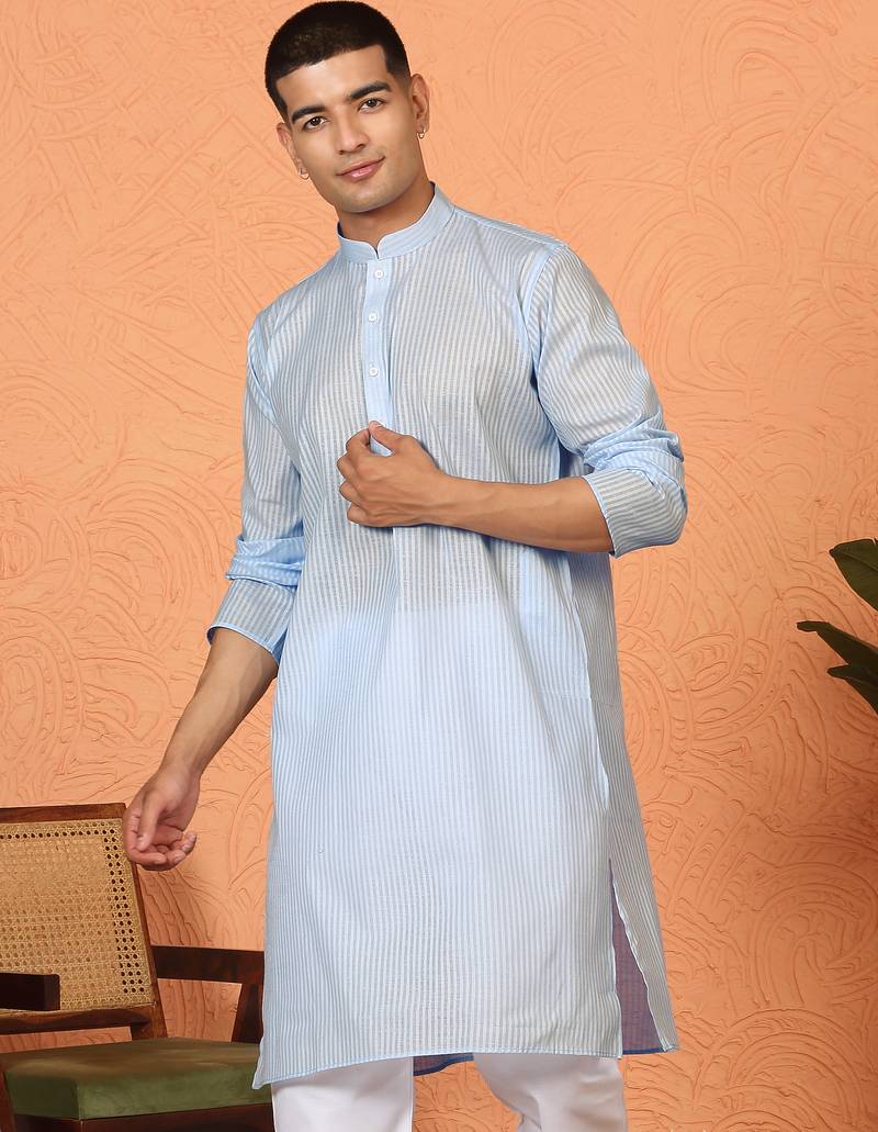 Cotton stripe knee length blue kurta and pyjama