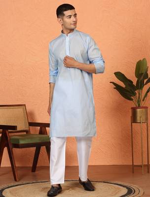 Cotton stripe knee length blue kurta and pyjama 5