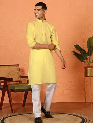 Cotton stripe knee length yellow kurta and pyjama 1