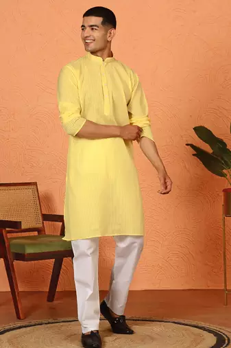 Cotton stripe knee length yellow kurta and pyjama
