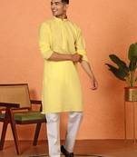 Cotton stripe knee length yellow kurta and pyjama