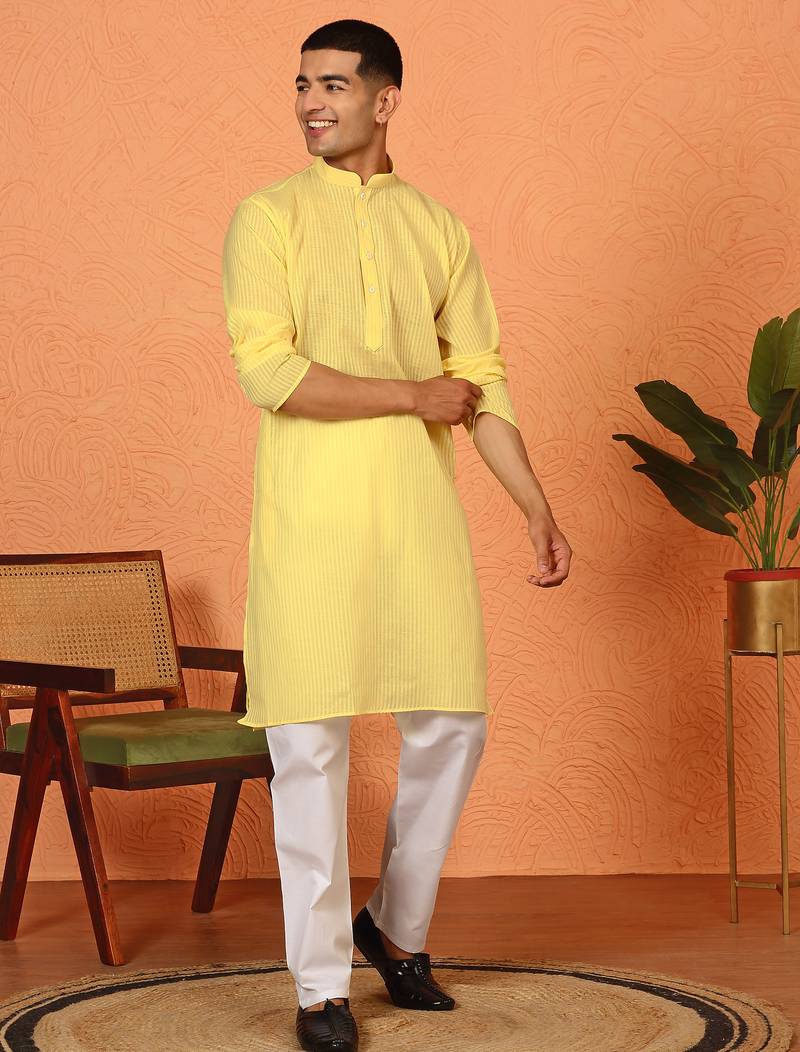 Cotton stripe knee length yellow kurta and pyjama