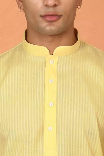 Cotton stripe knee length yellow kurta and pyjama