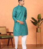Cotton stripe knee length teal blue kurta and pyjama