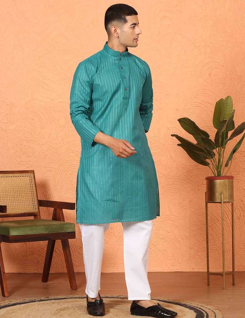 Cotton stripe knee length teal blue kurta and pyjama