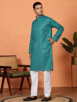 Cotton stripe knee length teal blue kurta and pyjama 5