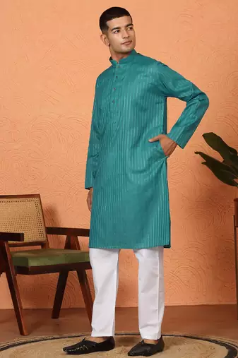 Cotton stripe knee length teal blue kurta and pyjama