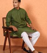 Cotton stripe knee length olive green kurta and pyjama