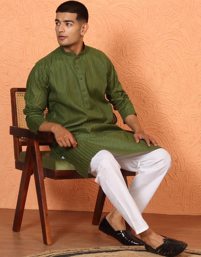 Cotton stripe knee length olive green kurta and pyjama