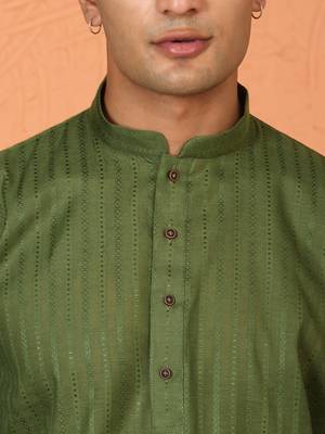 Cotton stripe knee length olive green kurta and pyjama 2