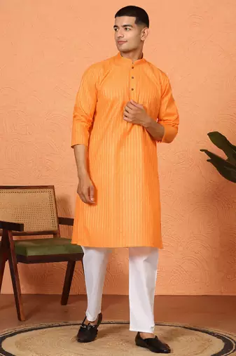 Cotton stripe knee length orange kurta and pyjama