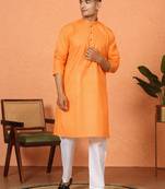 Cotton stripe knee length orange kurta and pyjama