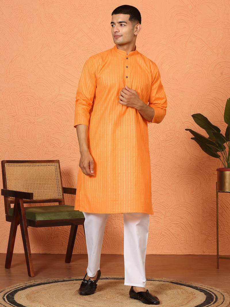 Cotton stripe knee length orange kurta and pyjama