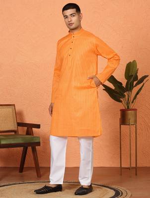 Cotton stripe knee length orange kurta and pyjama 5