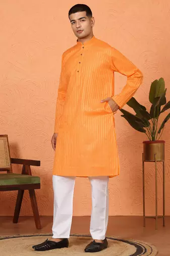Cotton stripe knee length orange kurta and pyjama