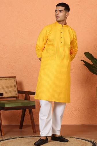 Cotton stripe knee length yellow kurta and pyjama