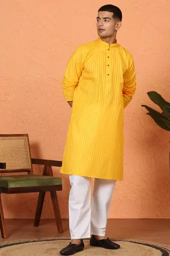 Cotton stripe knee length yellow kurta and pyjama