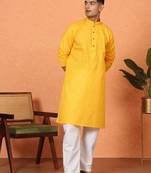 Cotton stripe knee length yellow kurta and pyjama