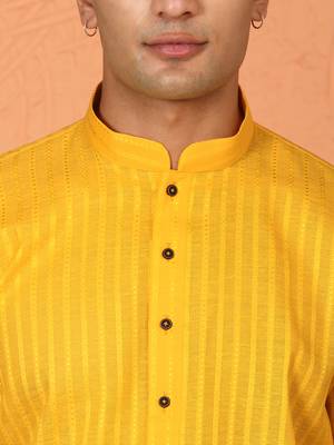 Cotton stripe knee length yellow kurta and pyjama 2