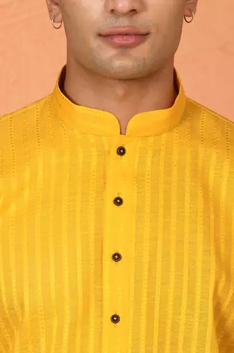 Cotton stripe knee length yellow kurta and pyjama