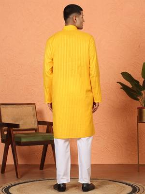 Cotton stripe knee length yellow kurta and pyjama 3