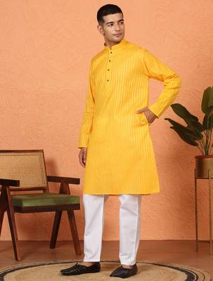 Cotton stripe knee length yellow kurta and pyjama 5