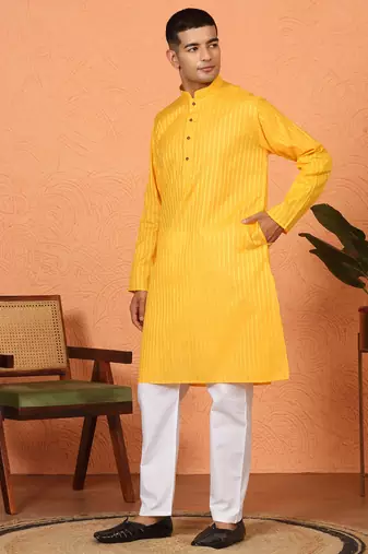 Cotton stripe knee length yellow kurta and pyjama