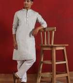 Khadi cotton solid knee length grey kurta and pyjama
