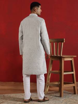 Khadi cotton solid knee length grey kurta and pyjama 3