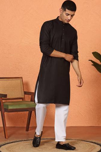 Chikan embroidered cotton rayon black kurta and pyjama